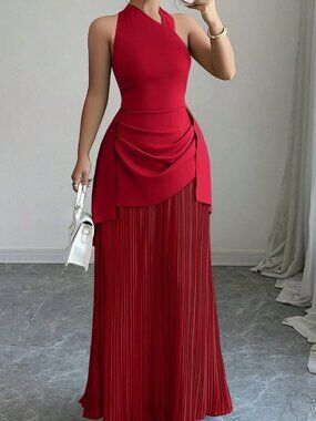 Red Elegant Women's Color Block Halter Backless Waist Cinched Long Party Dress